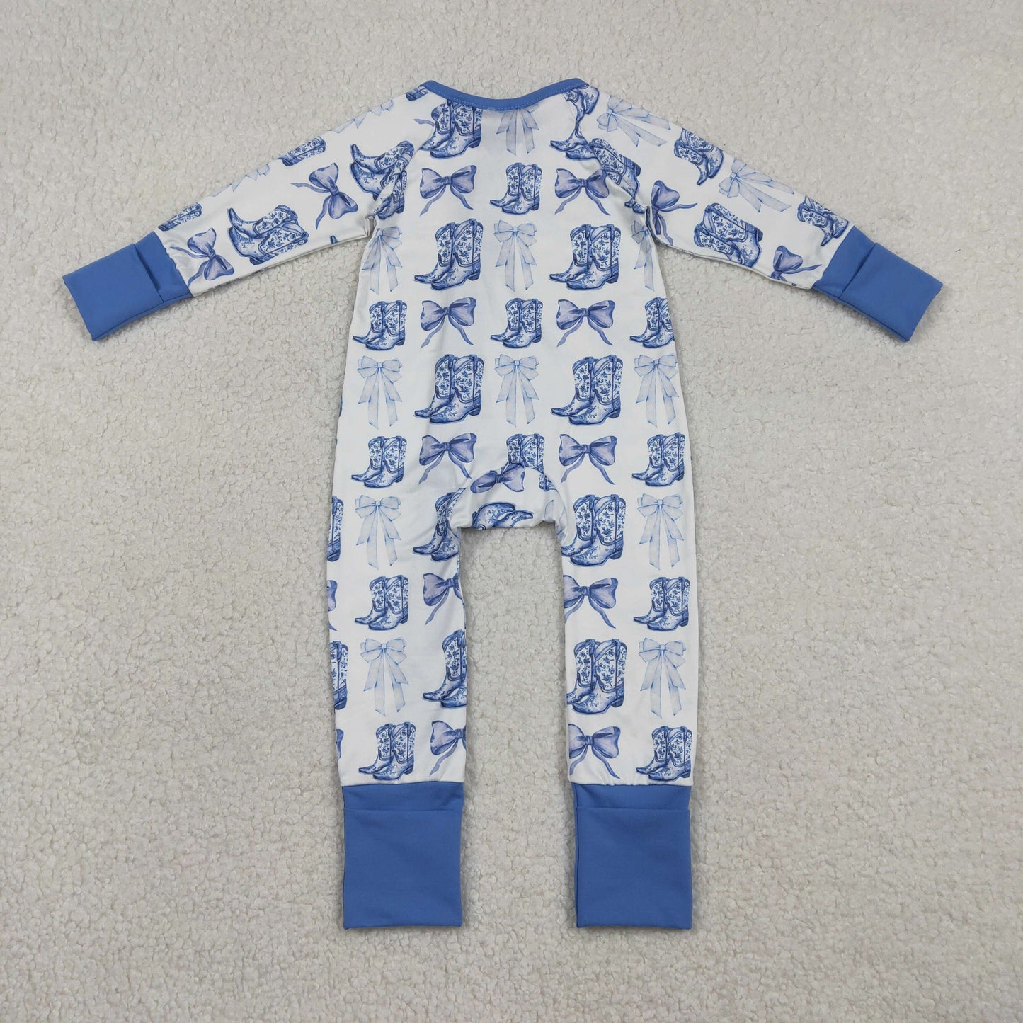 LR2420 Western boot bows blue zipper long sleeve girls romper