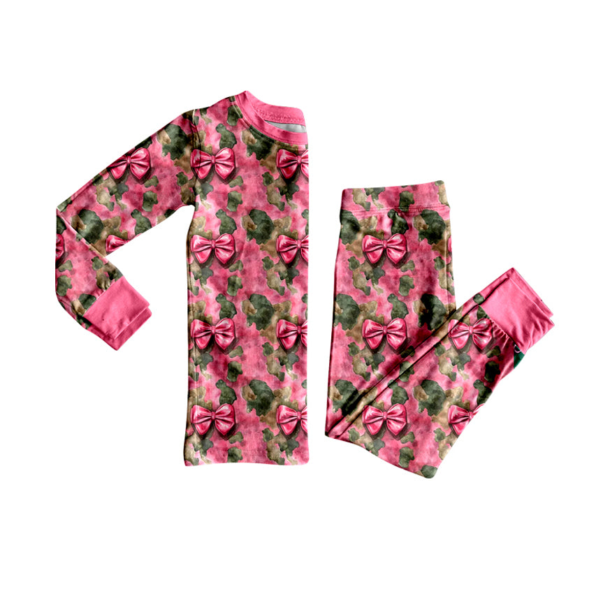 Custom moq 20 bamboo camo hot pink bows ink pattern long sleeve pants girls pajamas