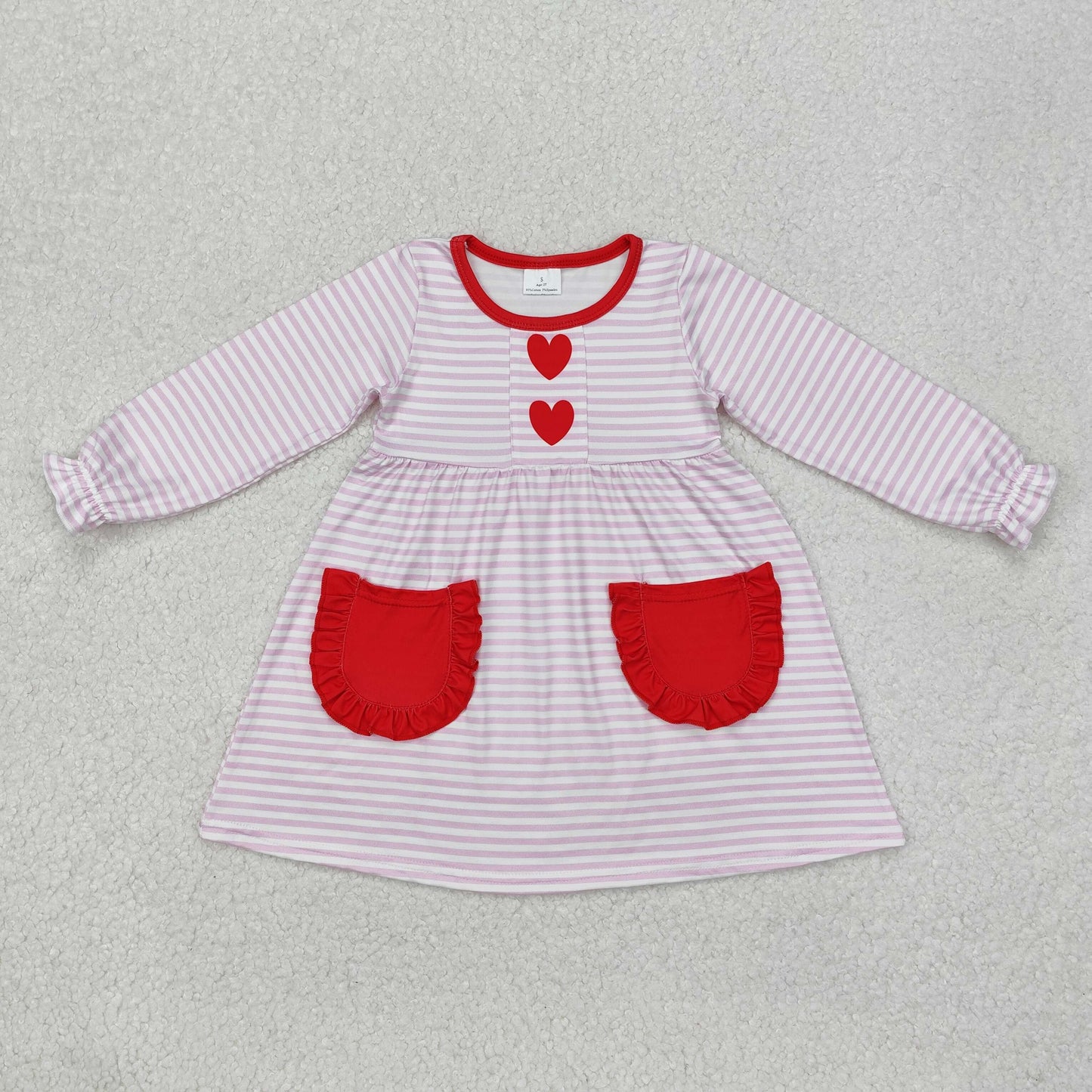 GLD0853 red heart pink striped long sleeve girls dress