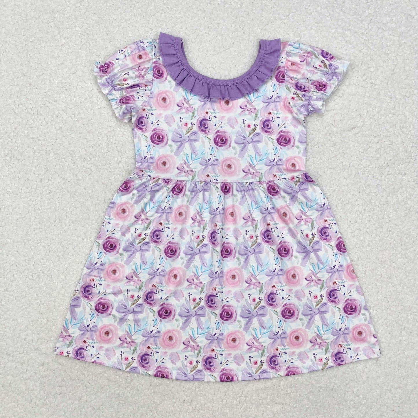 GSD1516 colorful flowers bows purple short sleeve girls dress