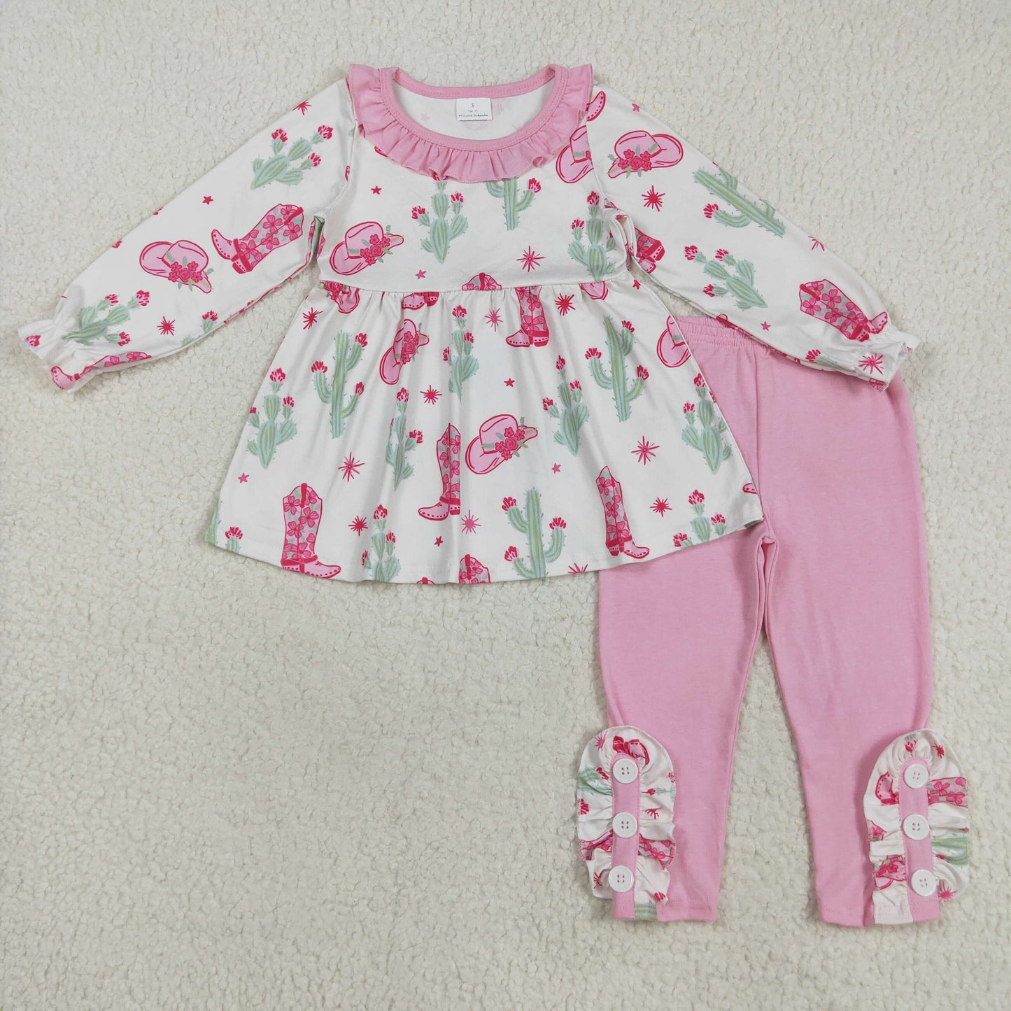 GLP2367 Western boot cactus hat long sleeve pink pants girls set