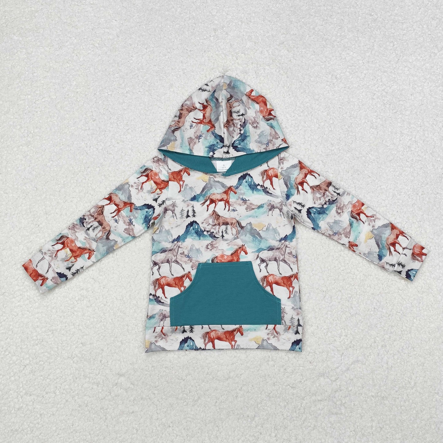 BT0868 horse green pocket long sleeve boys hoodie pullover