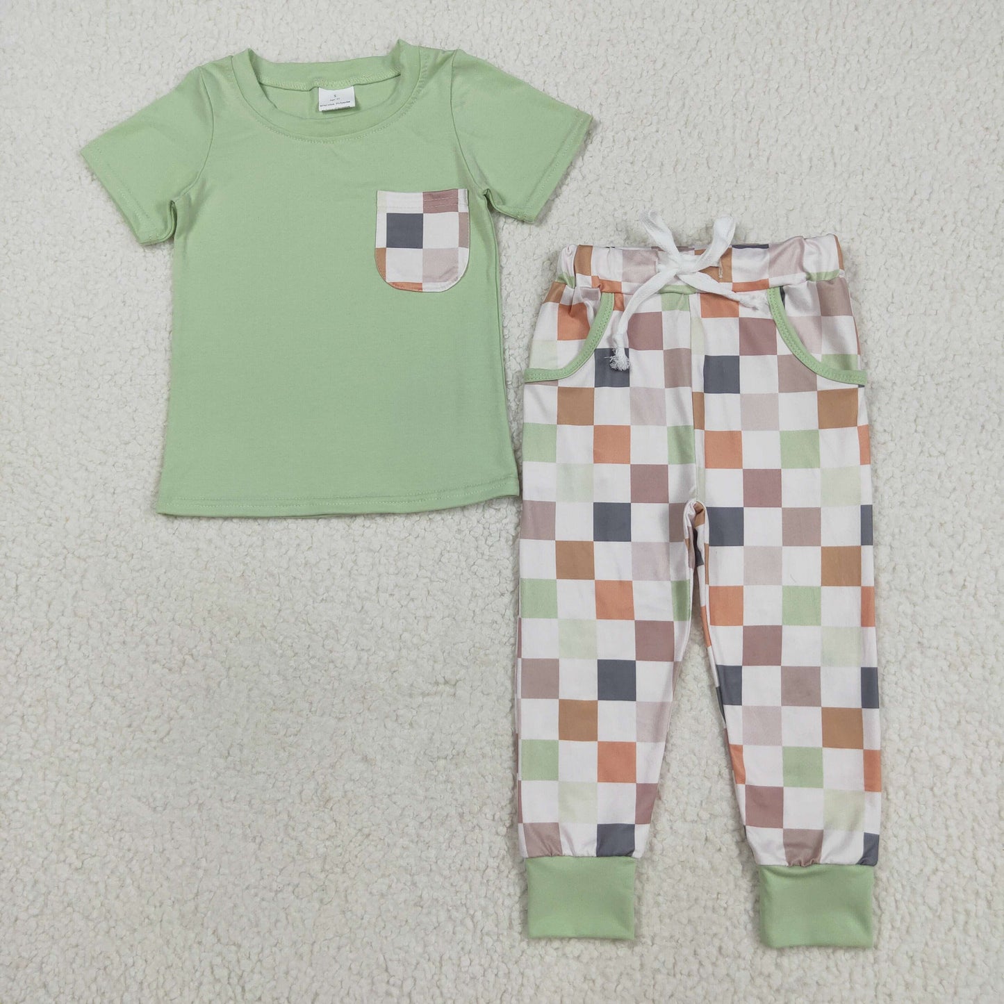 BSPO0576 grey green pocket short sleeve checkered pants boys set