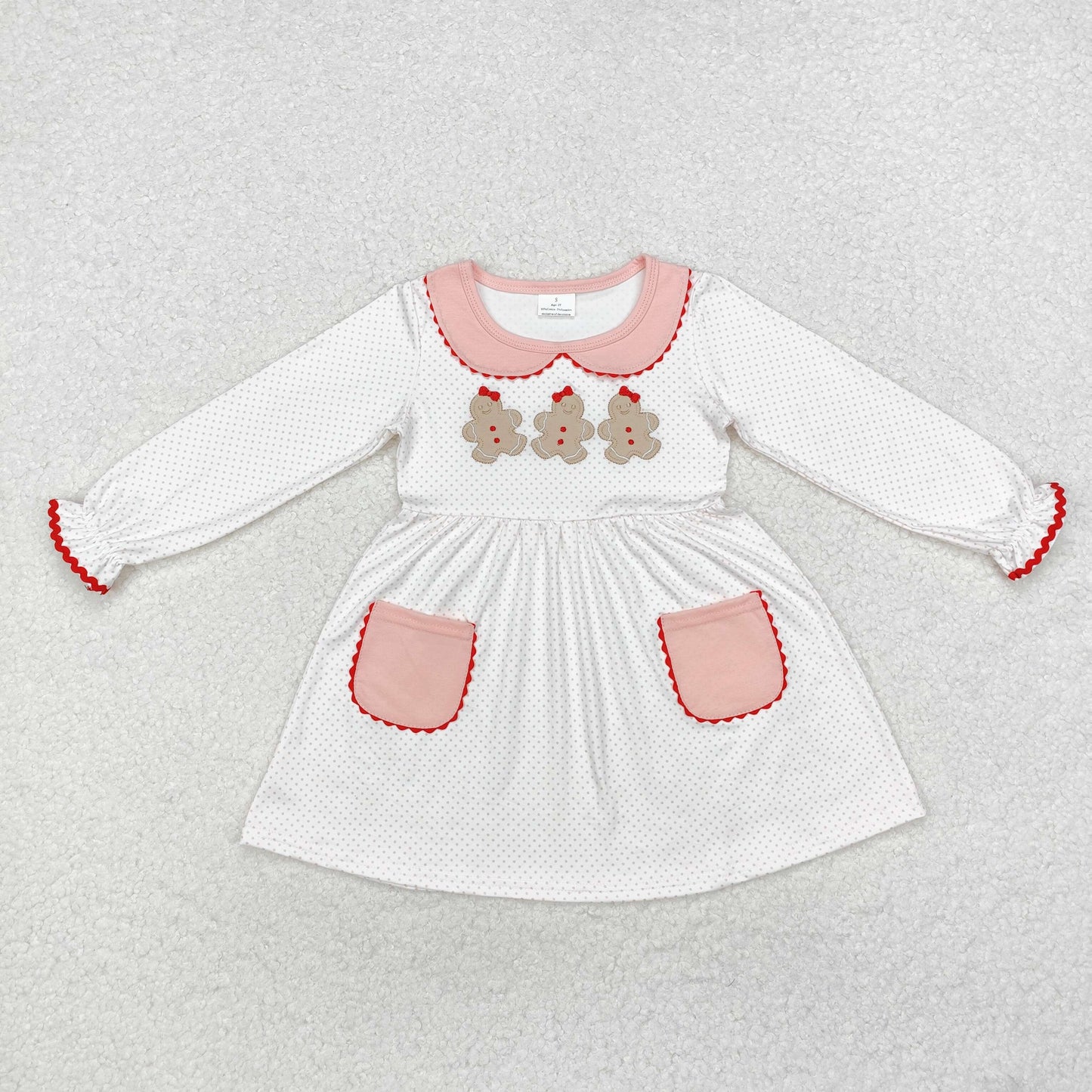 embroidery GLD0765 Christmas gingerbread man pink long sleeve girls dress