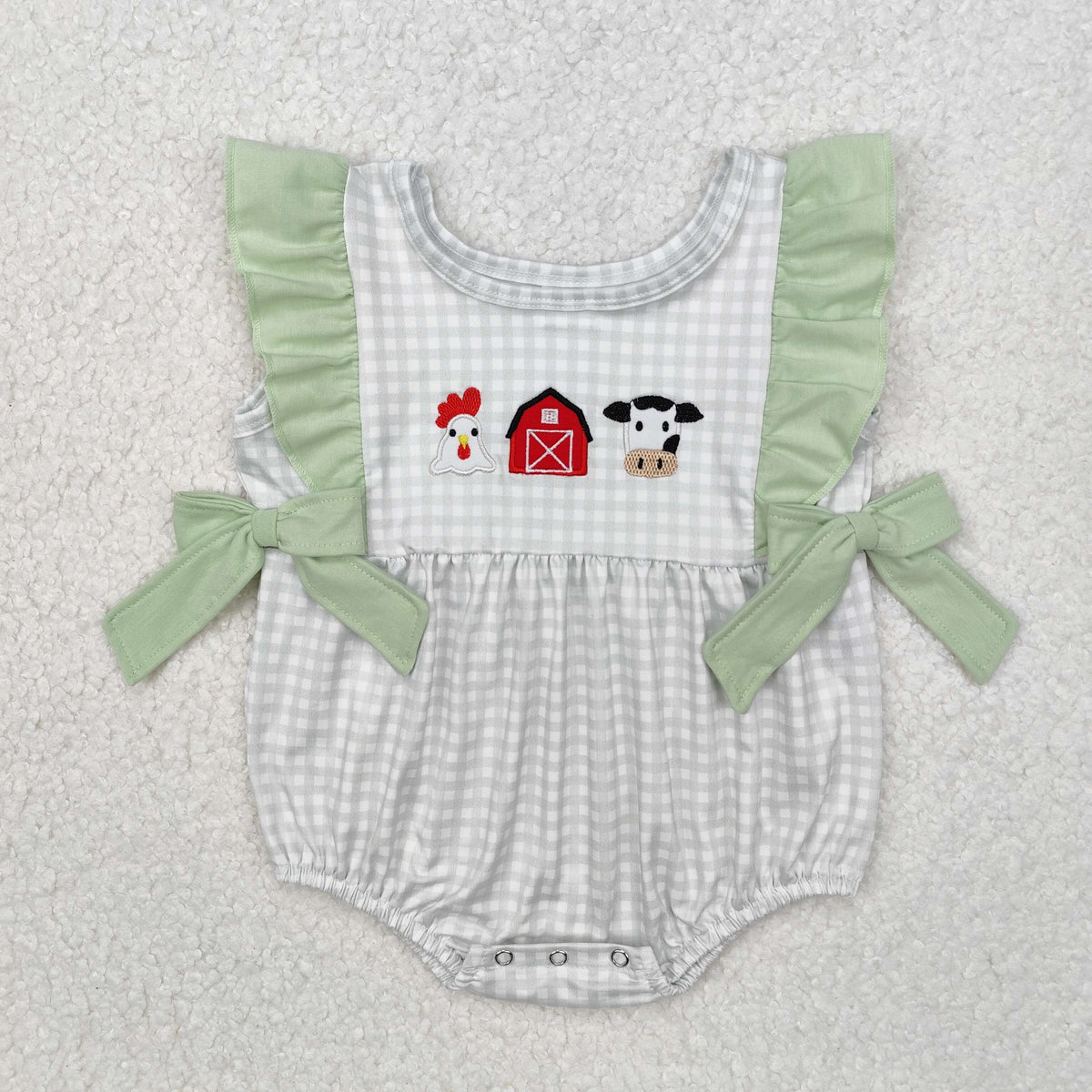 embroidery SR2184 Farm chick cow house bows flutter sleeve girls romper