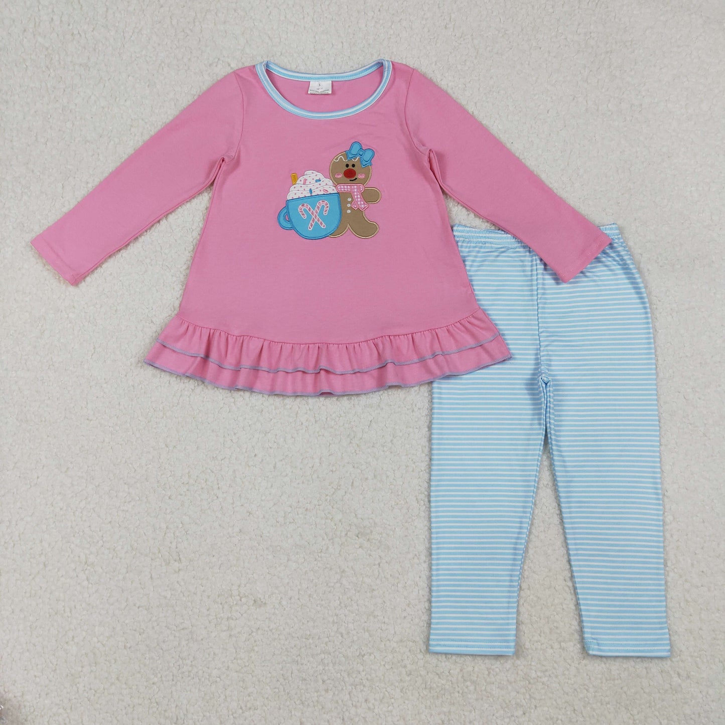 embroidery GLP2467 Christmas gingerbread man hot coco hot pink long sleeve blue pants girls set