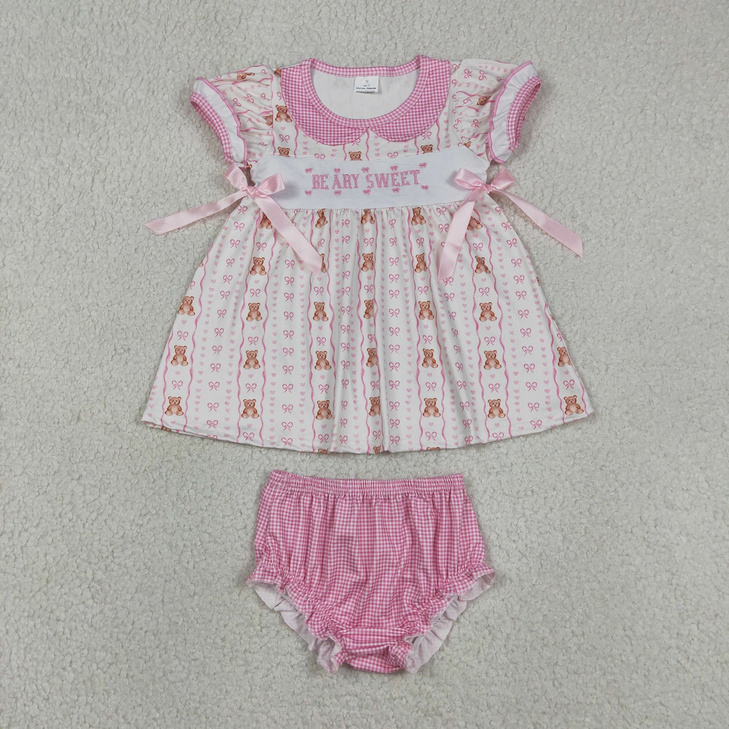 Embroidery GBO0520 Beary Sweet Bows Pink Short Sleeve Girls Bummies Set