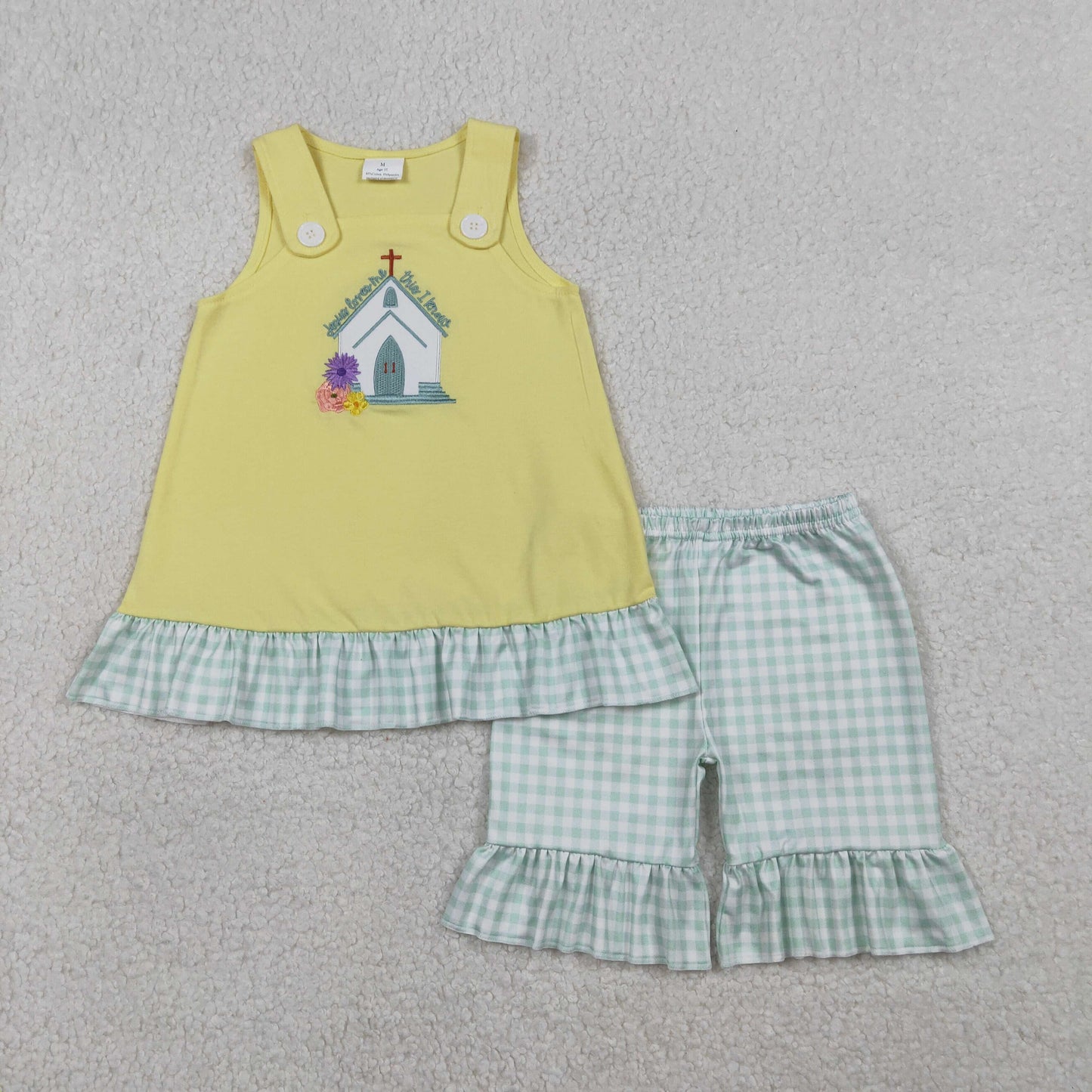 Embroidery GSSO2966 Easter Cross House Yellow Sleeveelss Shorts Girls Set