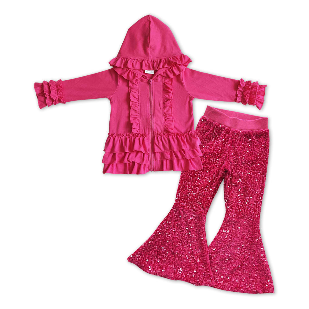 Hot pink ruffles hoodie hot pink sequin pants girls set
