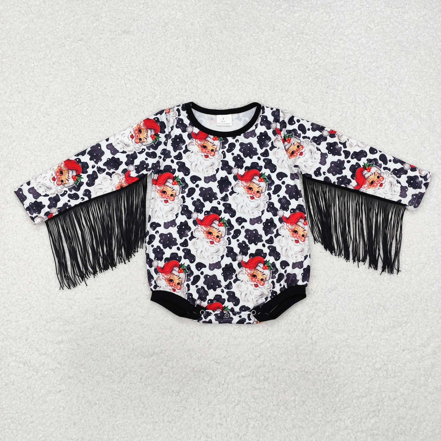 LR1827 Christmas Santa cow print tassels long sleeve girls romper