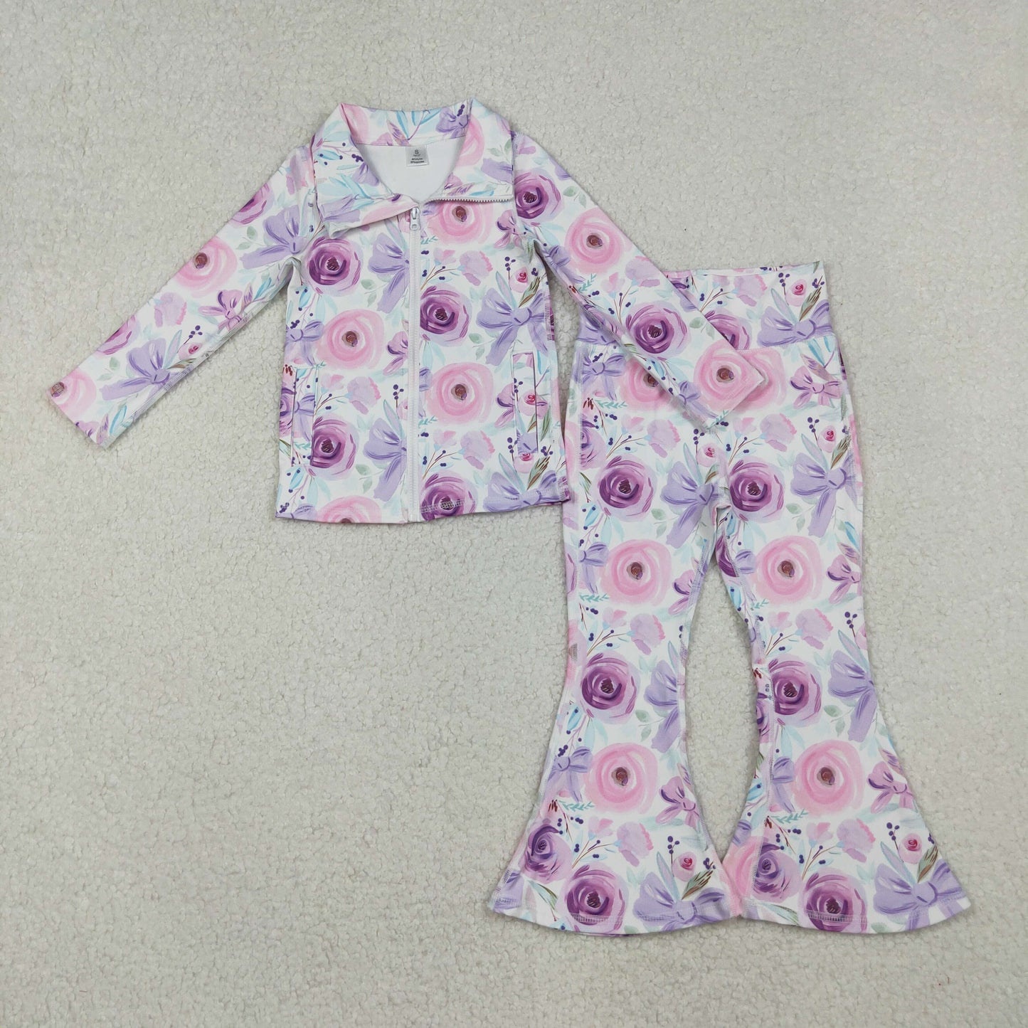 GLP2441 yoga purple/pink flowers bows zipper long sleeve pants girls set