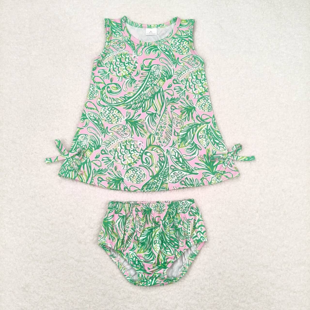 GBO0343 green fish print pink sleeveless girls bummies set