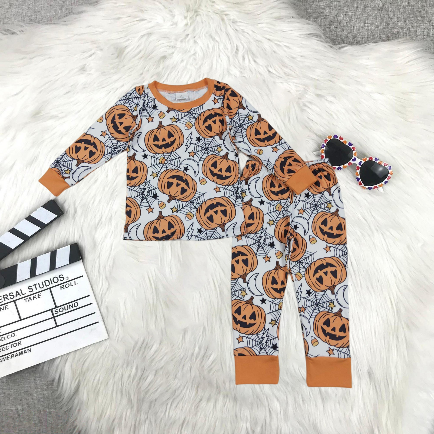 BLP1210 Halloween smile pumpkin orange long sleeve pants boys pajamas