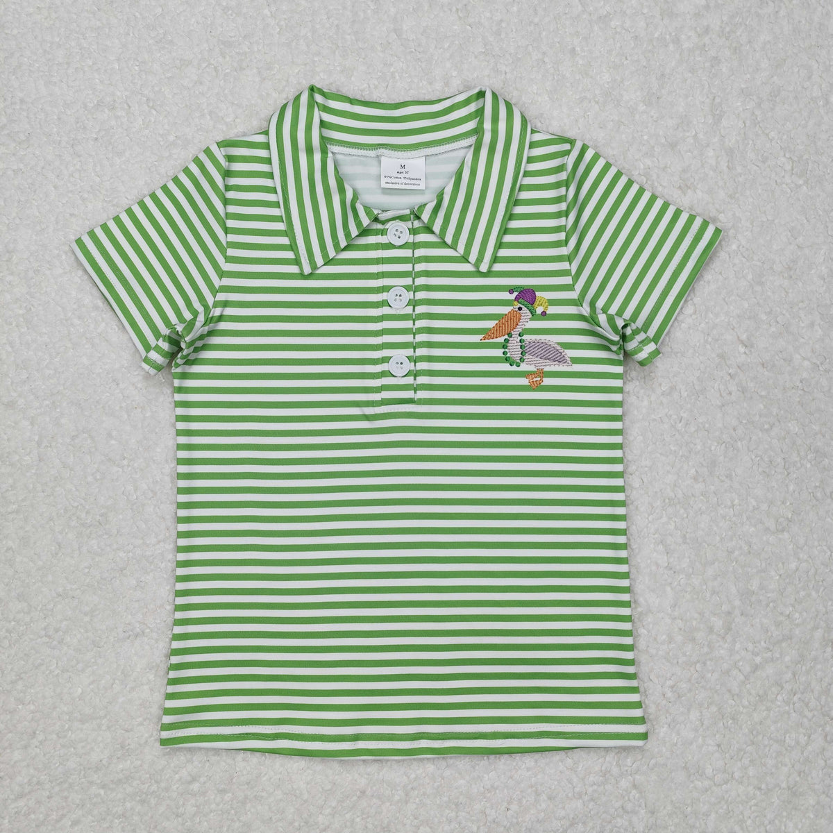 BT1094 Mardi Gras bird green striped short sleeve boys top