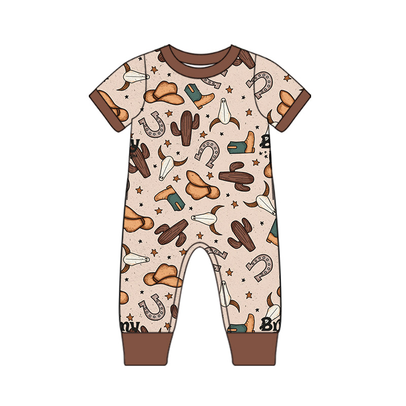 preorder SR0946 Western Hat Cactus Cow Brown Short Sleeve Boys Romper