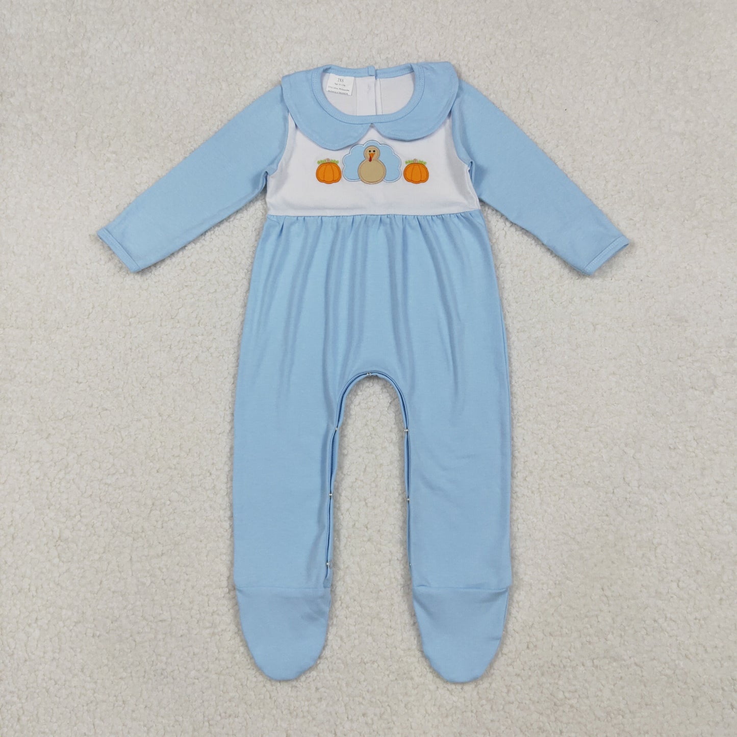 embroidery LR2562 Thanksgiving turkey pumpkin blue long sleeve girls romper