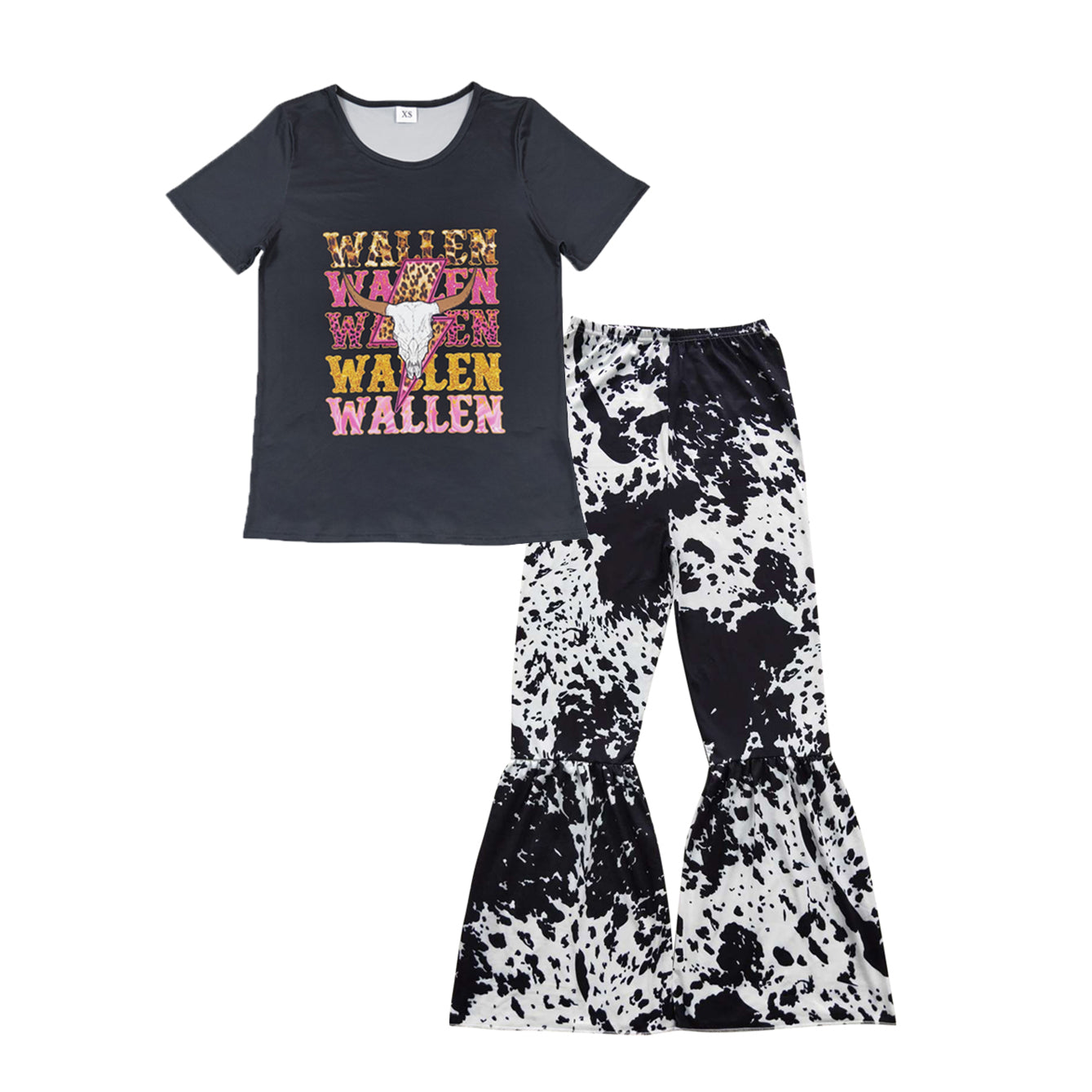 Wallen cow black short sleeve top black ink pattern pants adult set