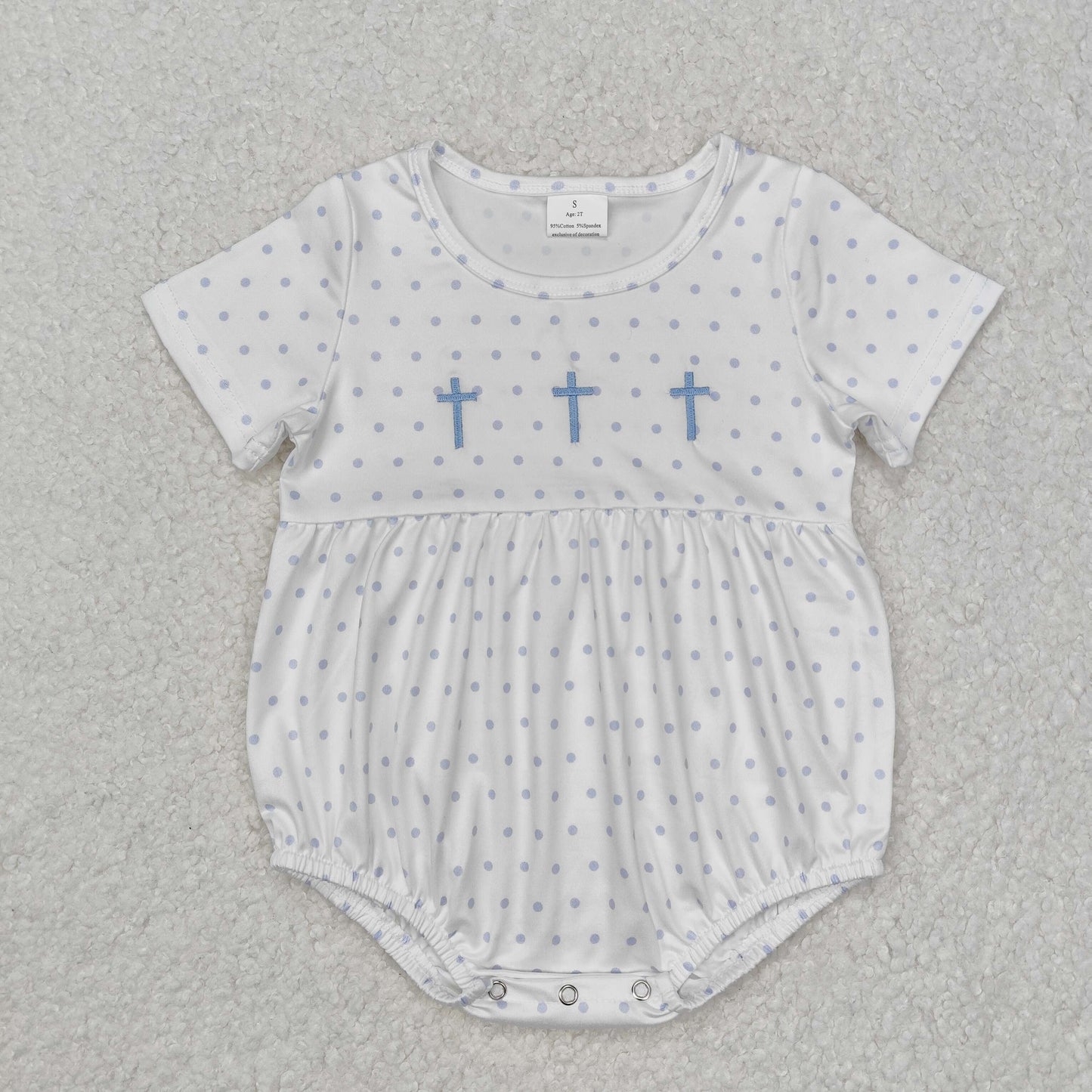 embroidery SR2147 Easter cross blue dot short sleeve girls romper