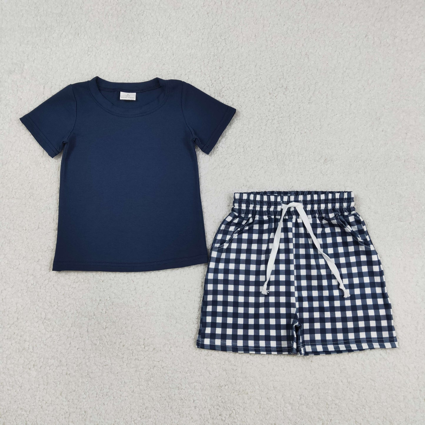 BSSO1882 Navy Blue Short Sleeve Navy Blue Checkered Shorts Boys Set