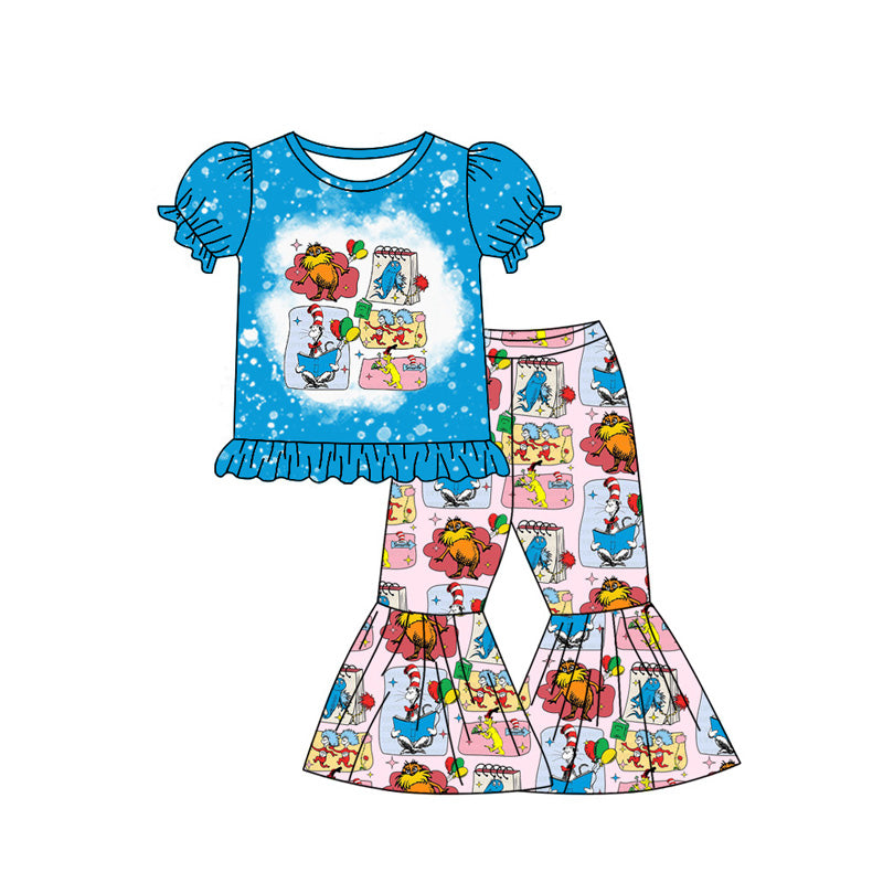 MOQ 3 Custom Cartoon Dr Animals Blue Short Sleeve Pants Girls Set