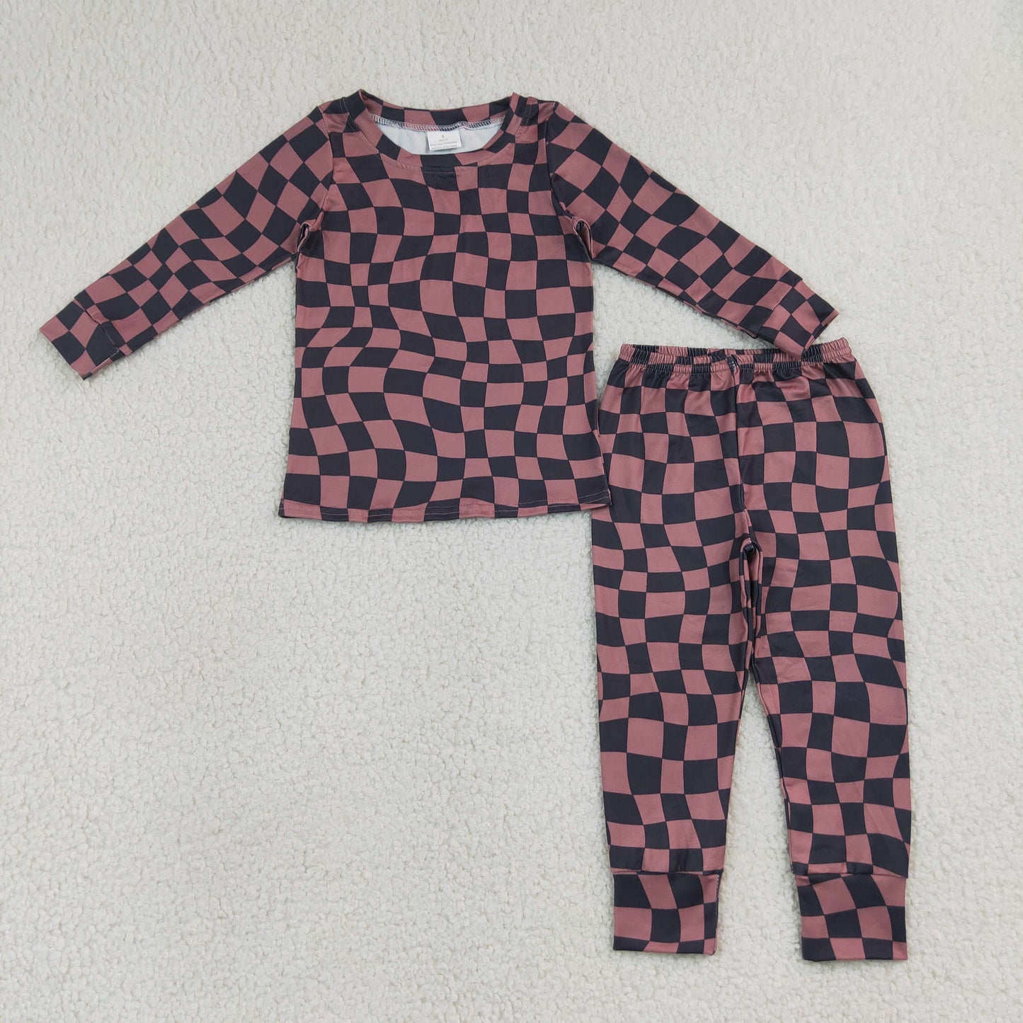 BLP1480 Brown Black Checkered Long Sleeve Pants Boys Set