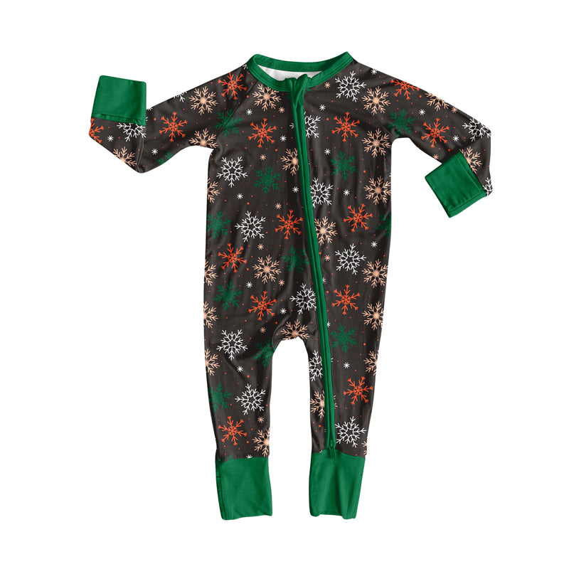 Custom moq 20 bamboo Christmas snow black green zipper long sleeve boys romper
