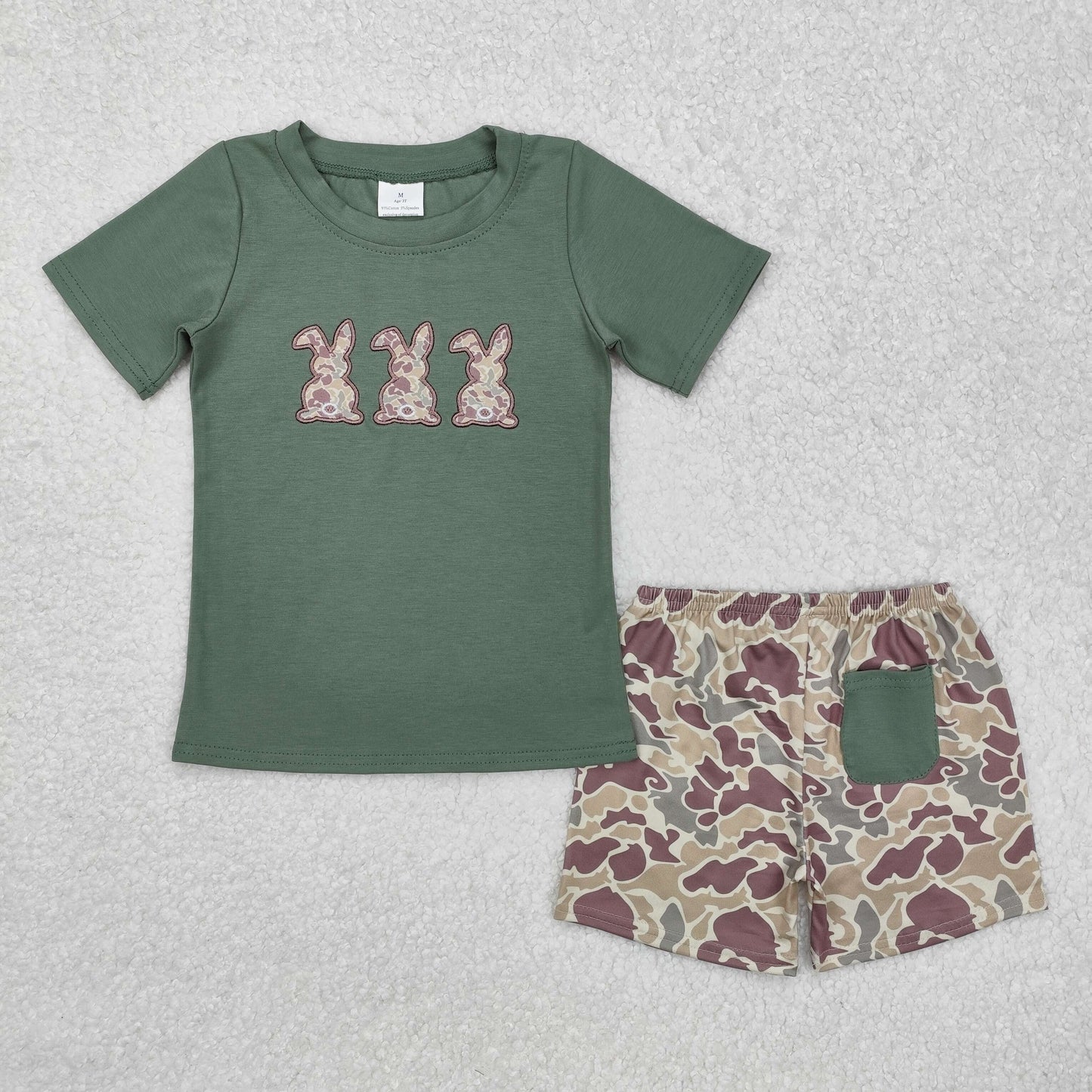 embroidery BSSO1004 Easter cute bunny rabbit camo short sleeve camo shorts boys set