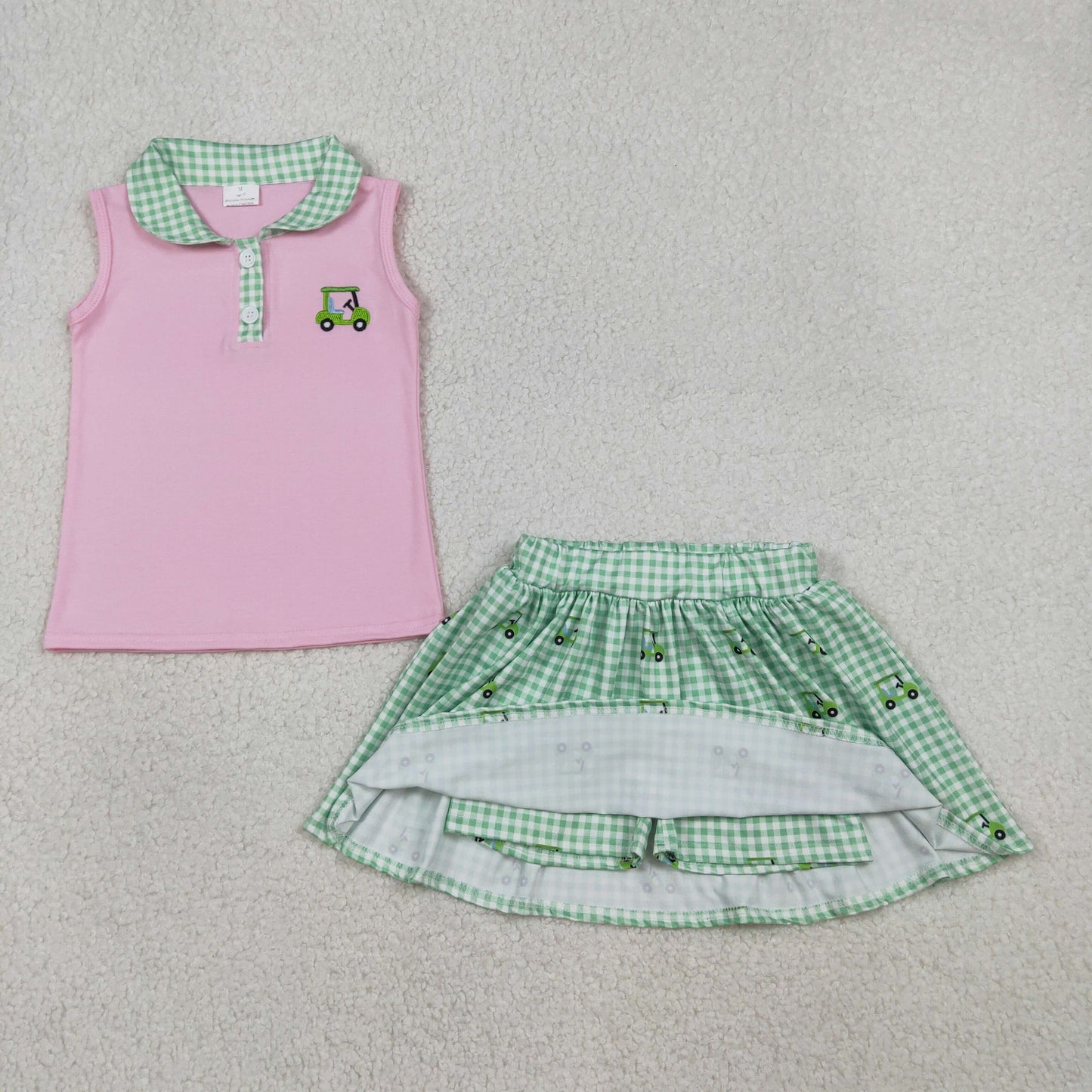Embroidery GSD3120 Golf Pink Sleeveless Green Checkered Skirt Girls Set
