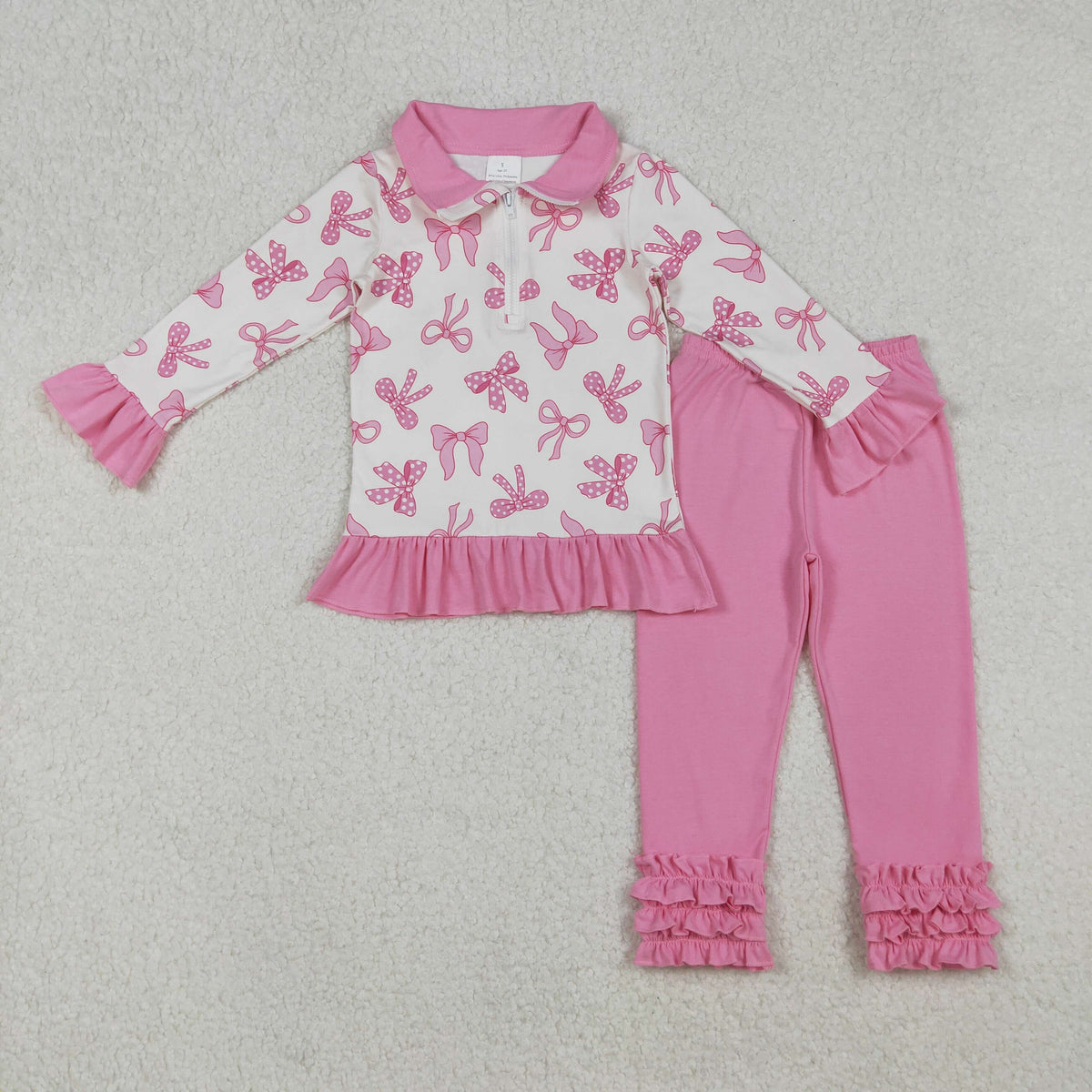 GLP2778 pink bows zipper long sleeve ruffles pants girls set