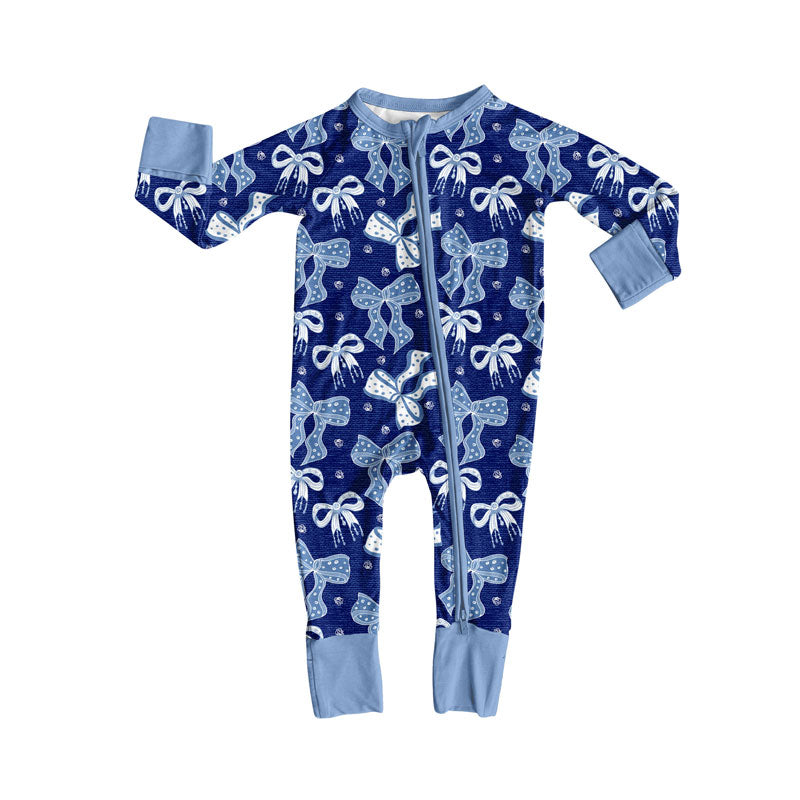 custom moq 5 blue bows zipper long sleeve girls romper