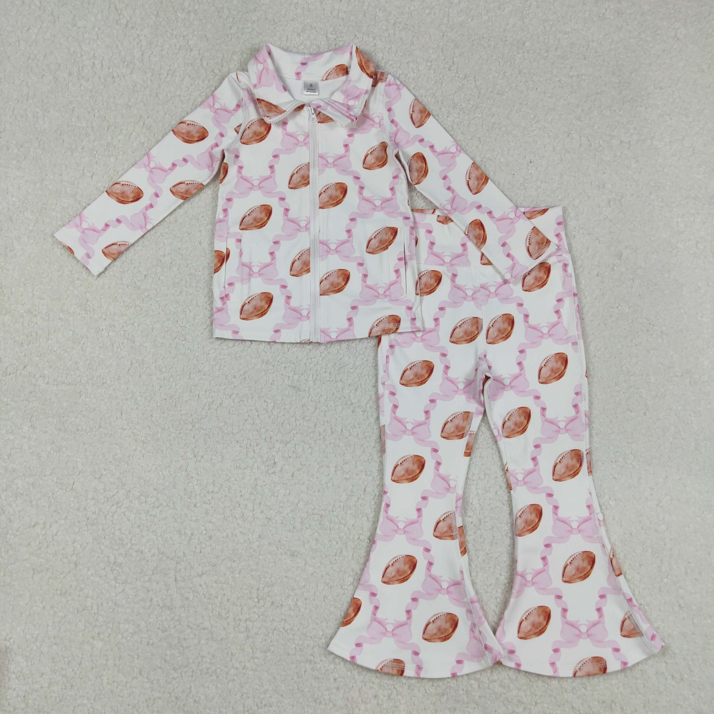 GLP2499 yoga football pink bows zipper long sleeve coat pants girls set