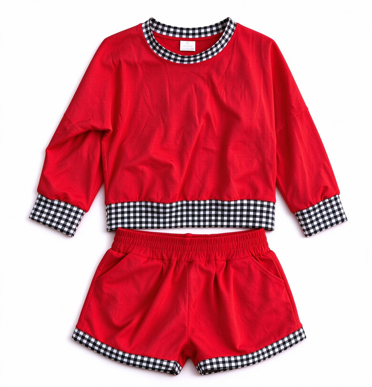 Custom Moq 8 Cotton Red Long Sleeve Shorts Girls Set
