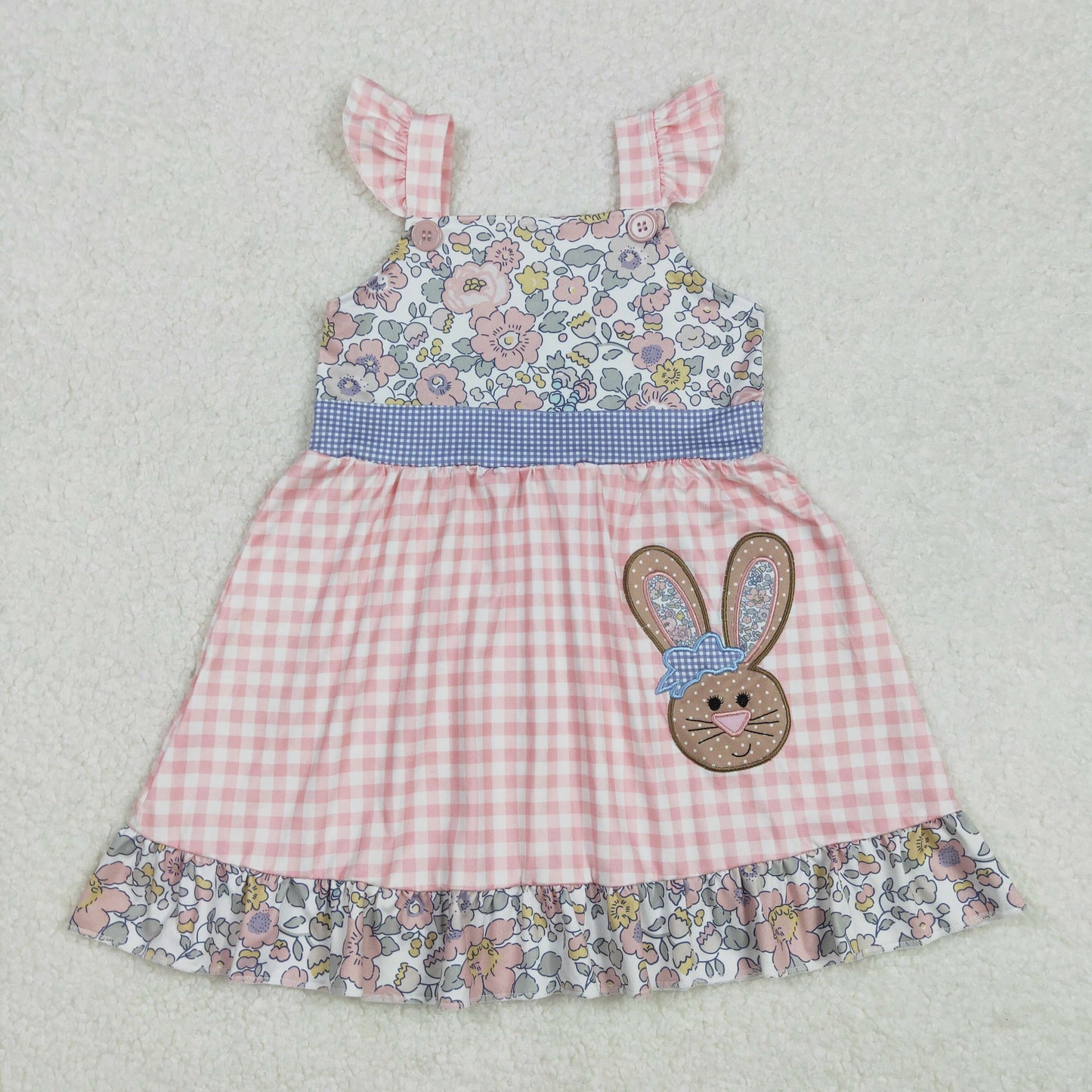 embroidery GSD0593 Easter rabbit flowers pink checkered flutter sleeve girls dress