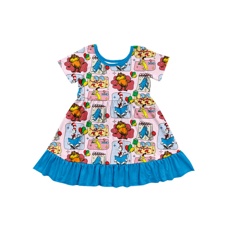 custom moq 3 Cartoon Dr Animals Blue Short Sleeve Girls Dress