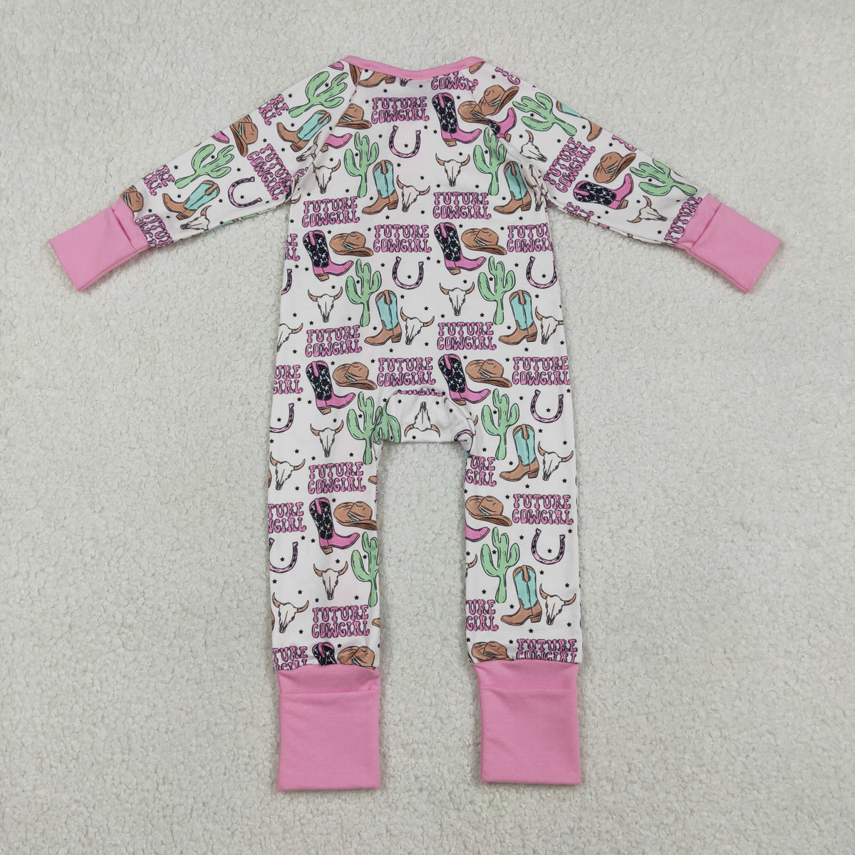 LR2945 Western Boots Hat Cactus Pink Long Sleeve Boys Romper