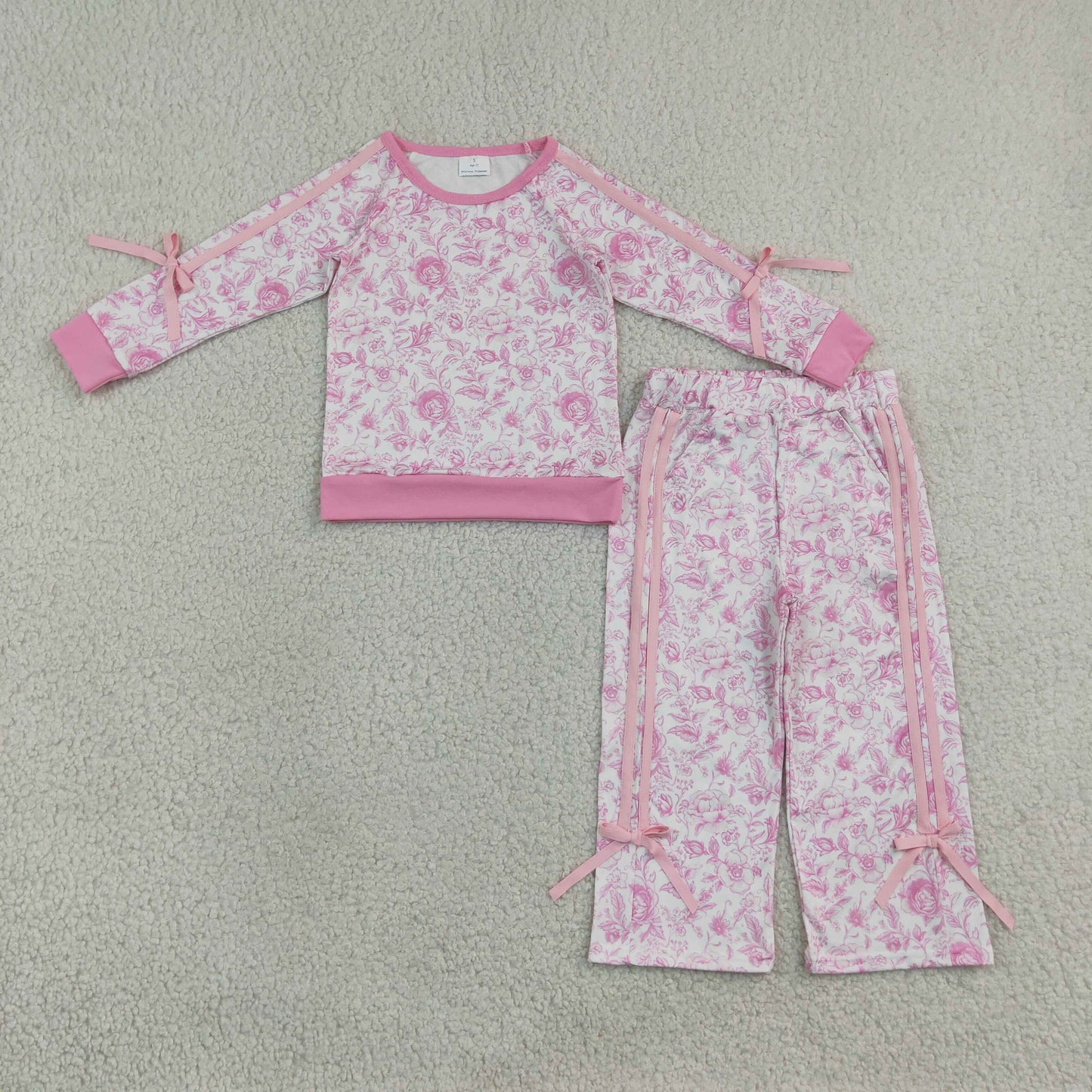 GLP3366 Pink Flowers Bows Long Sleeve Pants Girls Set