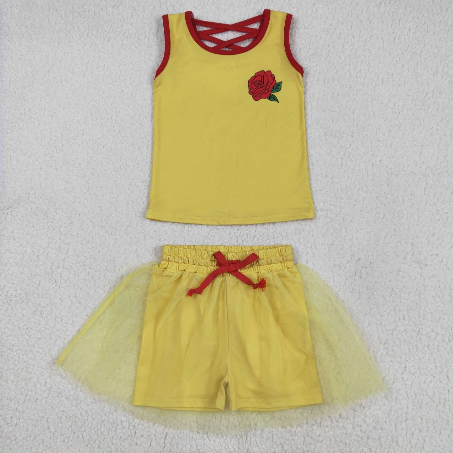 GSD2070 cartoon princess rose flowers yellow sleeveless skirt girls set