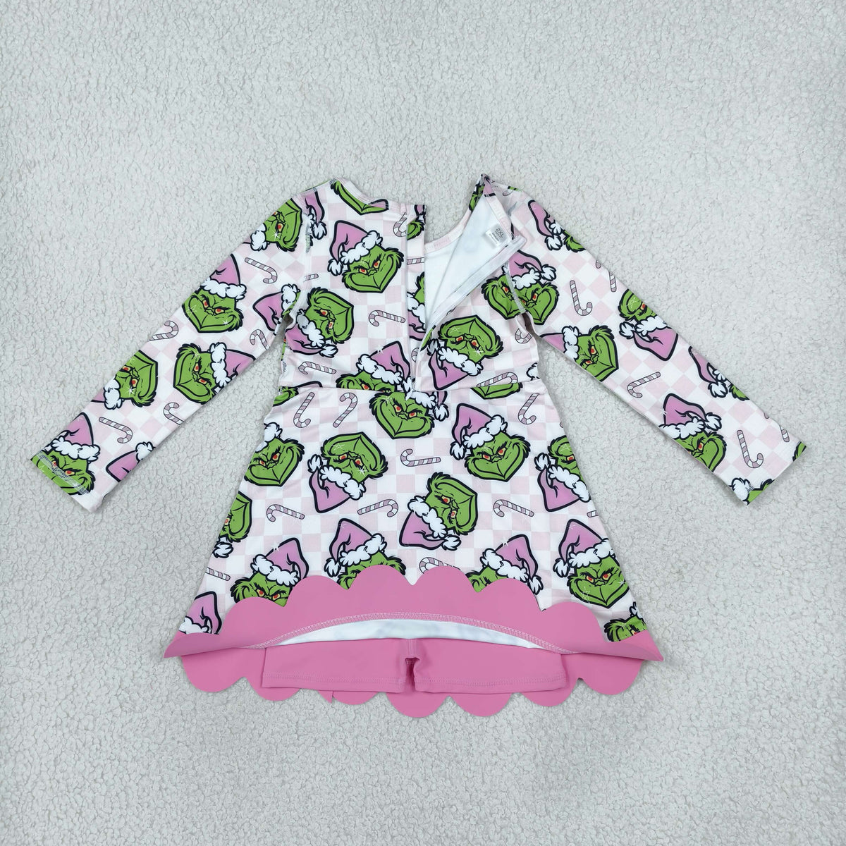 GLD1651 Yoga Christmas Green Face Bows Pink Long Sleeve Girls Dress