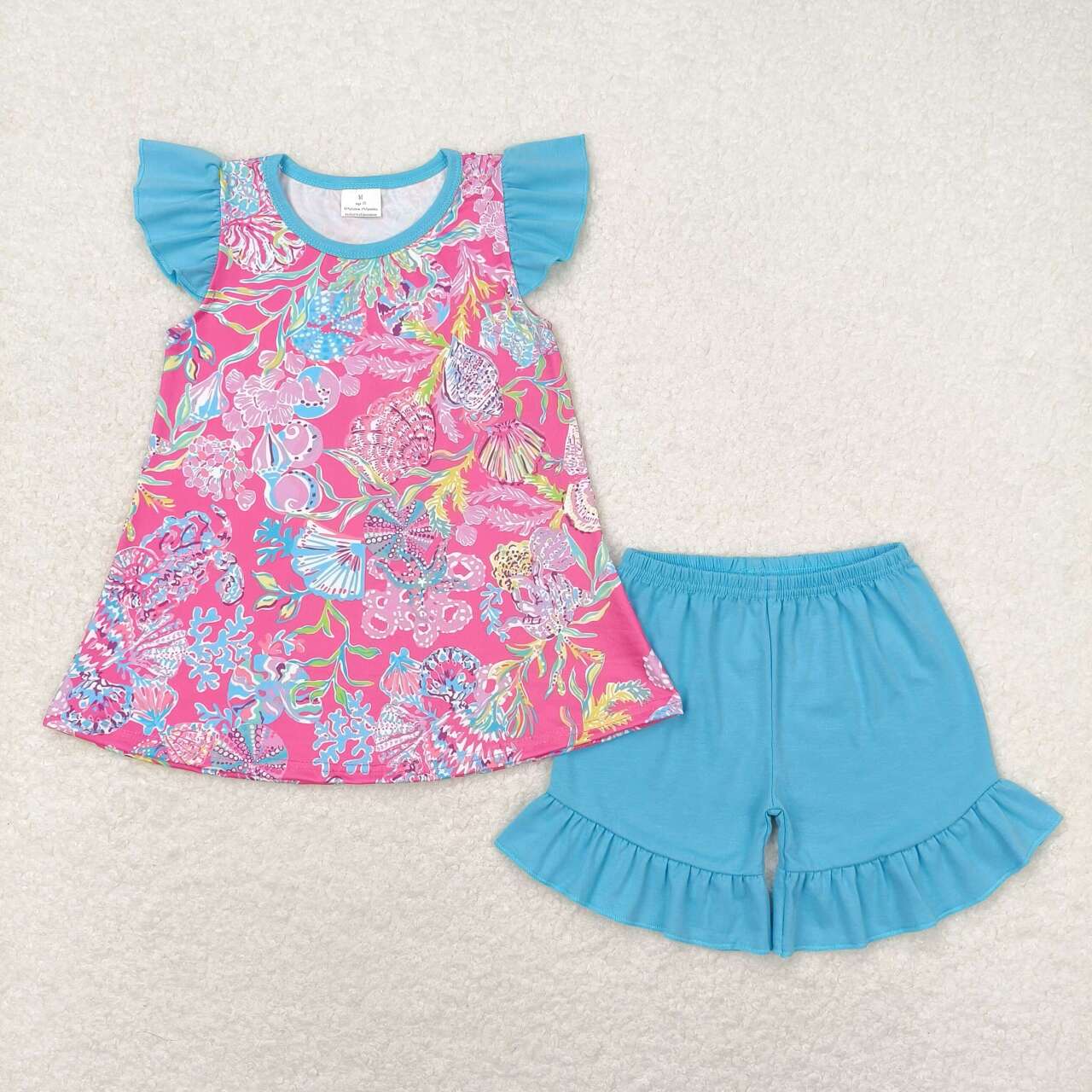 GSSO1086 tortoise shell leaf hot pink flutter sleeve blue shorts girls set