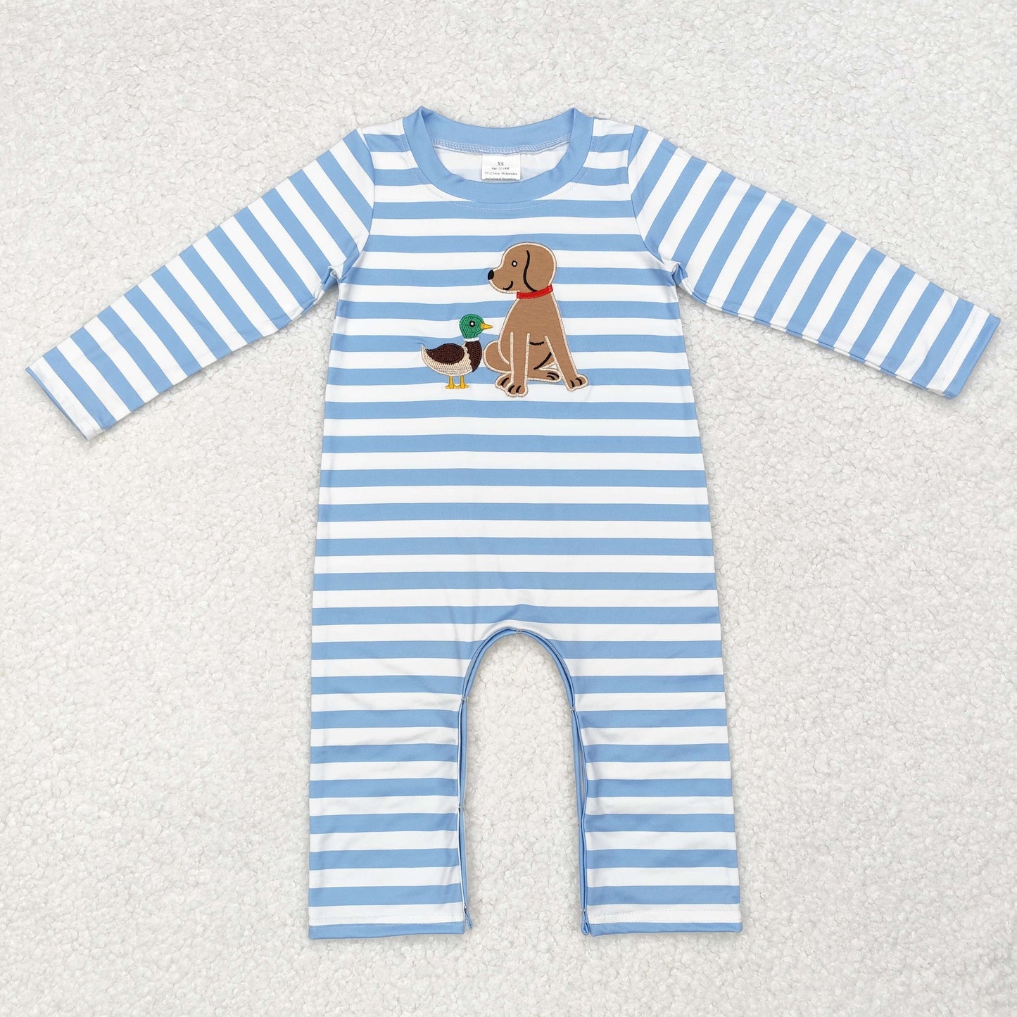 USA SHOP embroidery LR1644 hunting dog mallard duck blue striped long sleeve boys romper