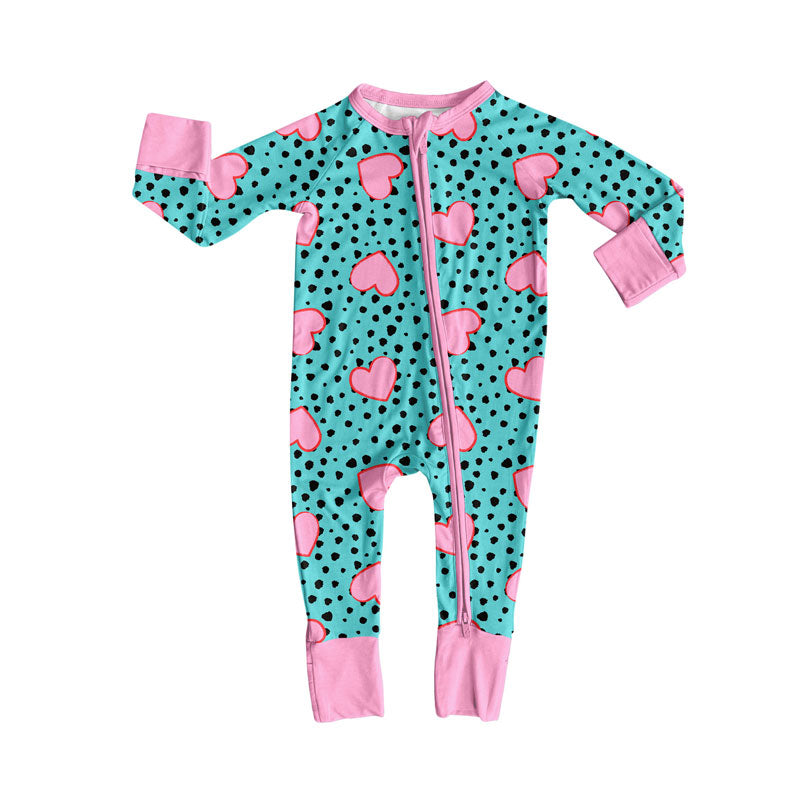 custom moq 5 Valentine's Day pink heart green dot zipper long sleeve girls romper