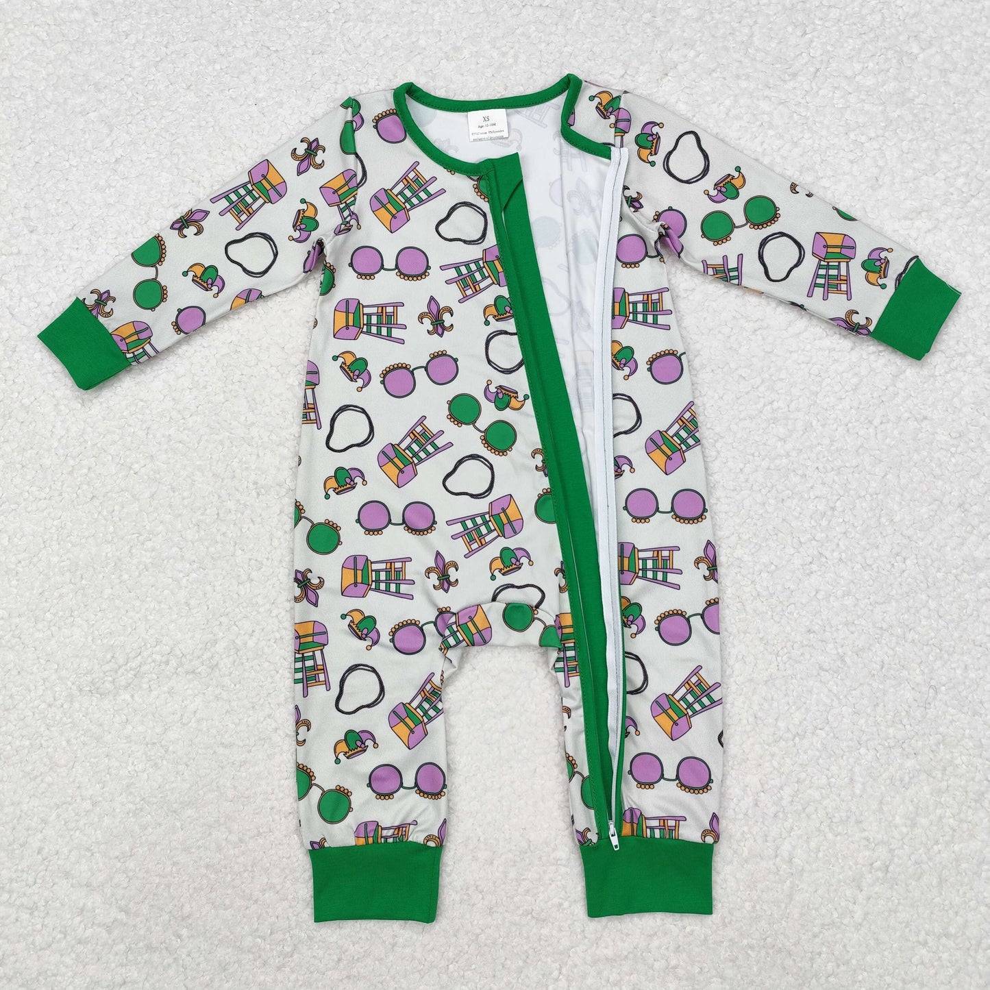LR2039 Mardi Gras glasses green zipper long sleeve boys romper