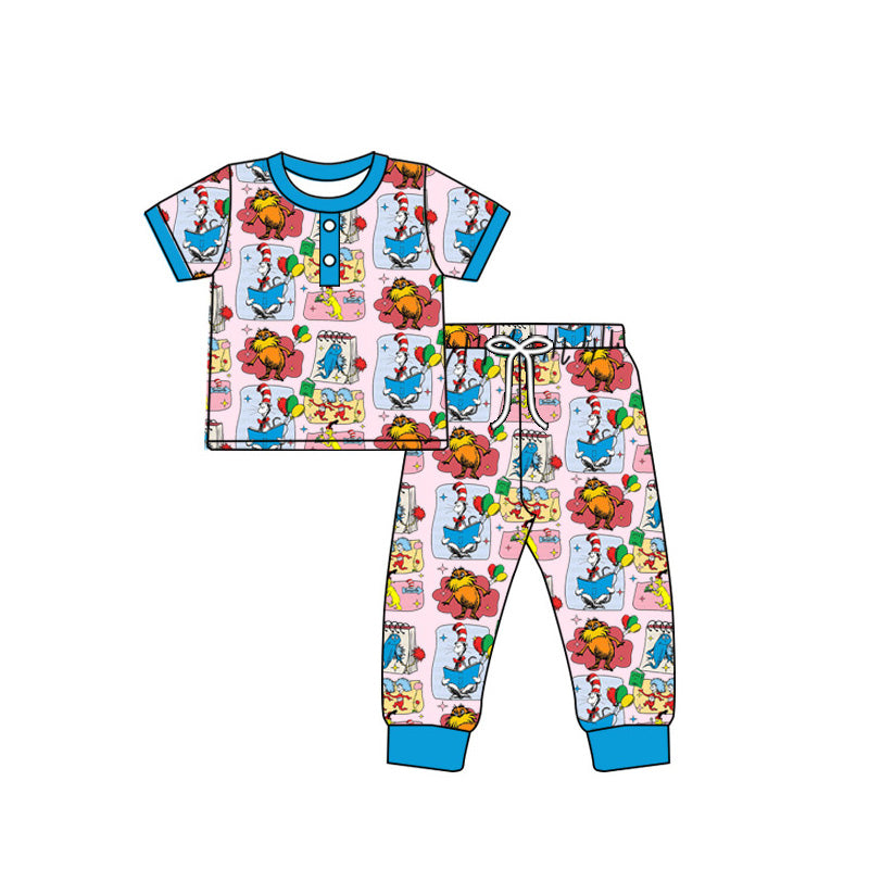 MOQ 3 Custom Cartoon Dr Animals Blue Short Sleeve Pants Girls Pajamas