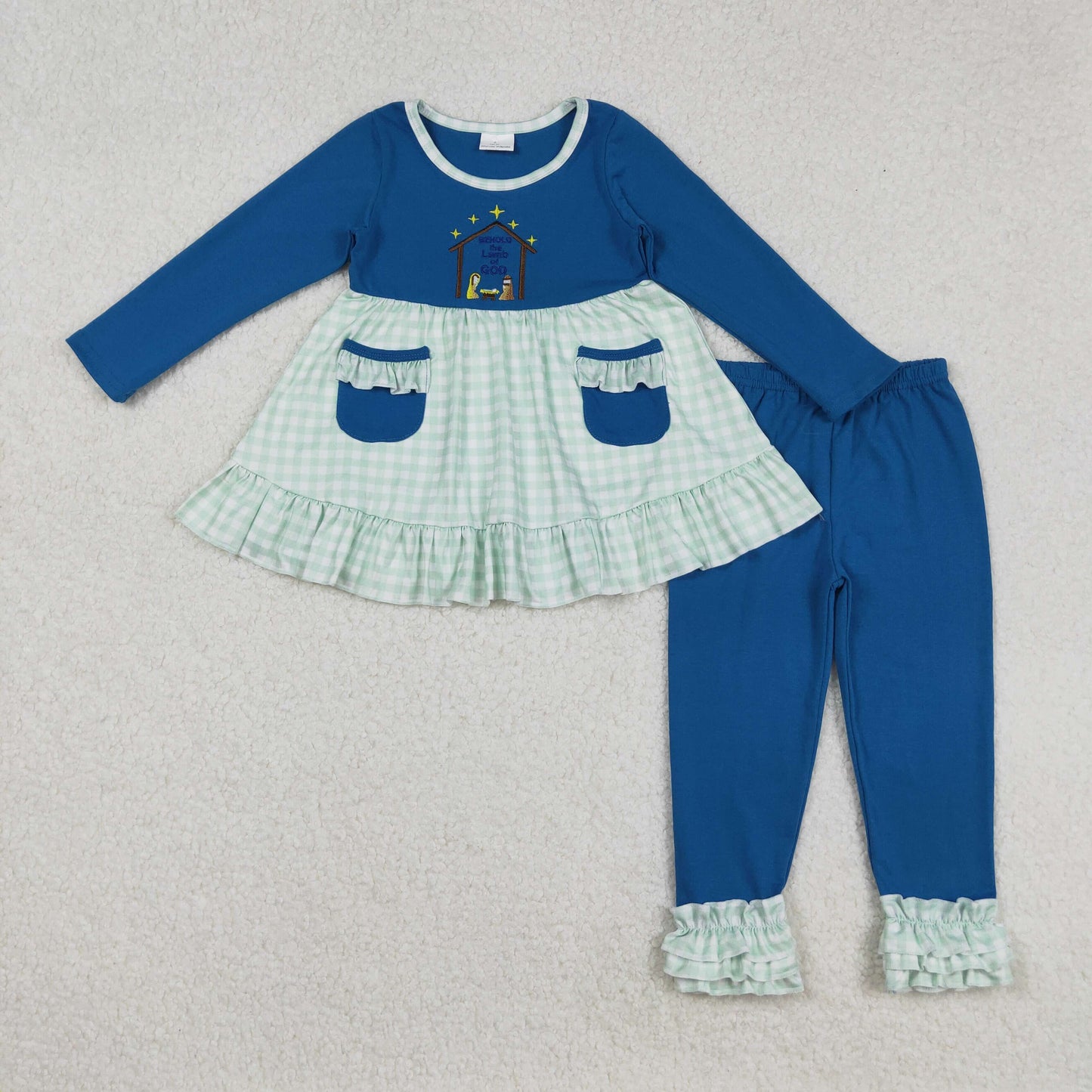 embroidery GLP2625 The Nativity Story pockets blue long sleeve ruffles pants girls set