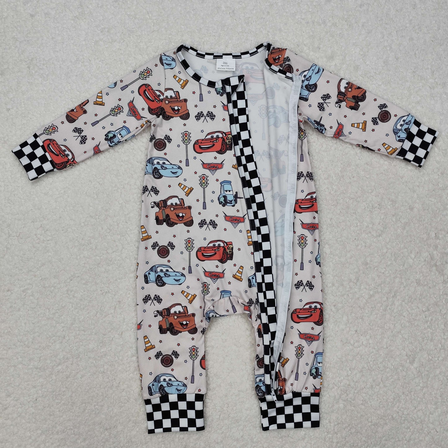 Custom moq 20 bamboo Cartoon car black checkered long sleeve zipper boys romper