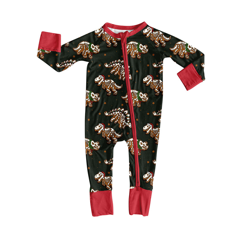 Custom moq 20 bamboo Christmas dinosaur black zipper long sleeve boys romper