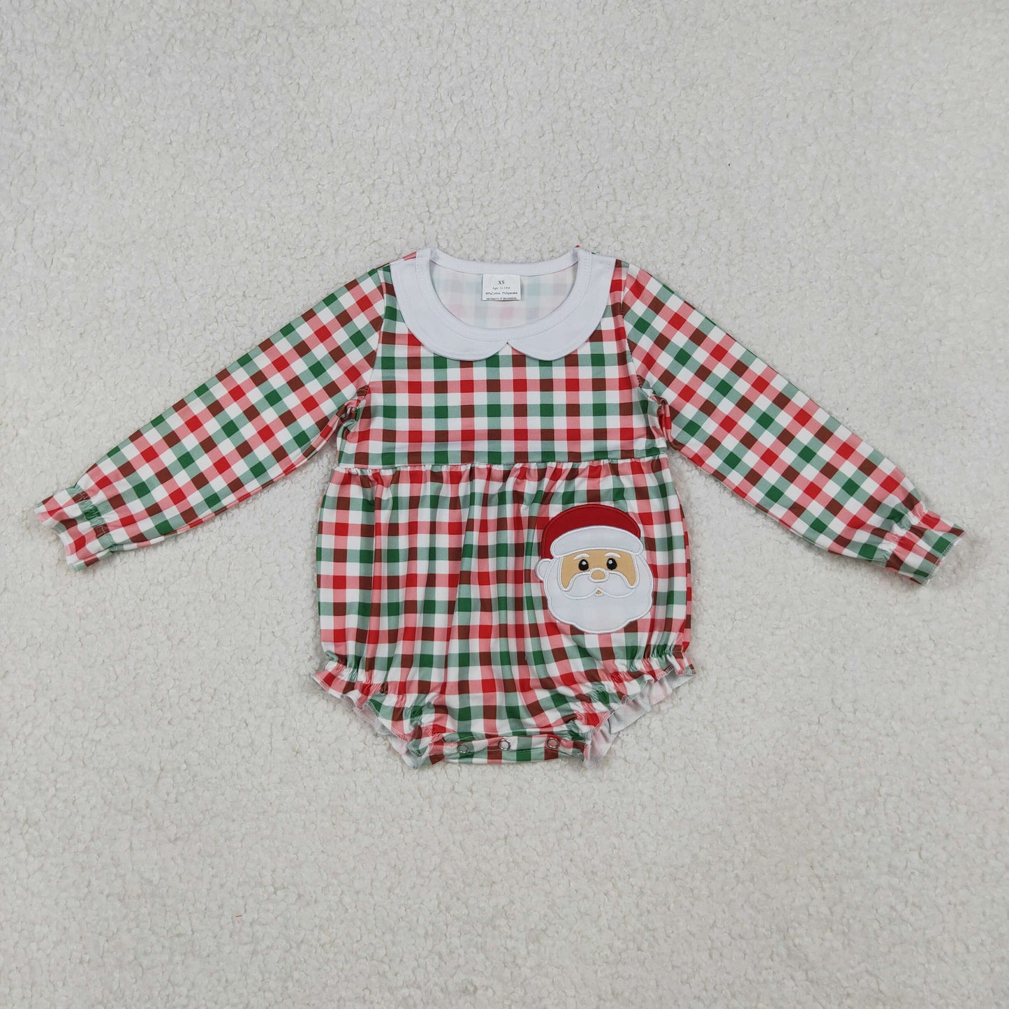 embroidery LR2357 Christmas Santa red green checkered long sleeve girls romper