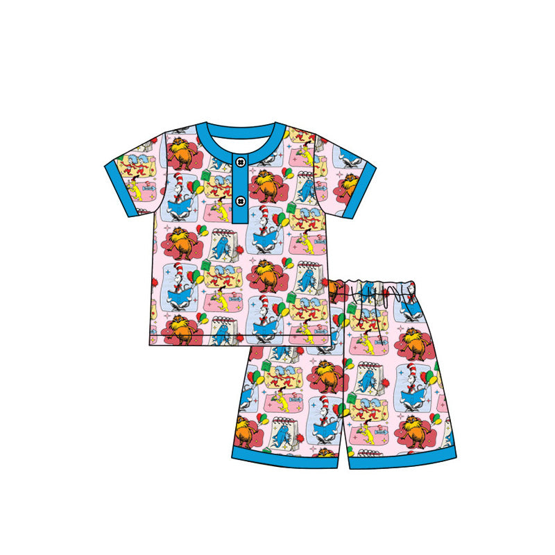 MOQ 3 Custom Cartoon Dr Animals Blue Short Sleeve Shorts Girls Pajamas