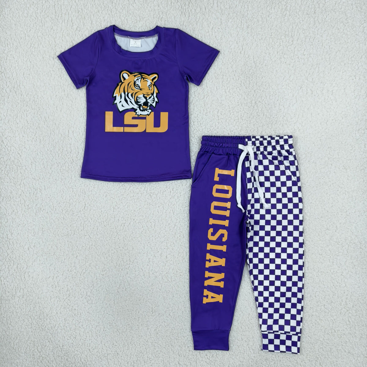 BSPO0698 Offset Printing LOUISIANA Purple Short Sleeve Checkered Pants Boys Set