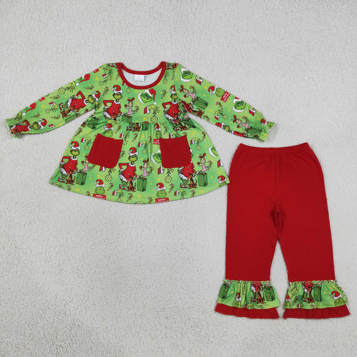 GLP3459 Christmas Green Face Pockets Long Sleeve Red Pants Girls Set